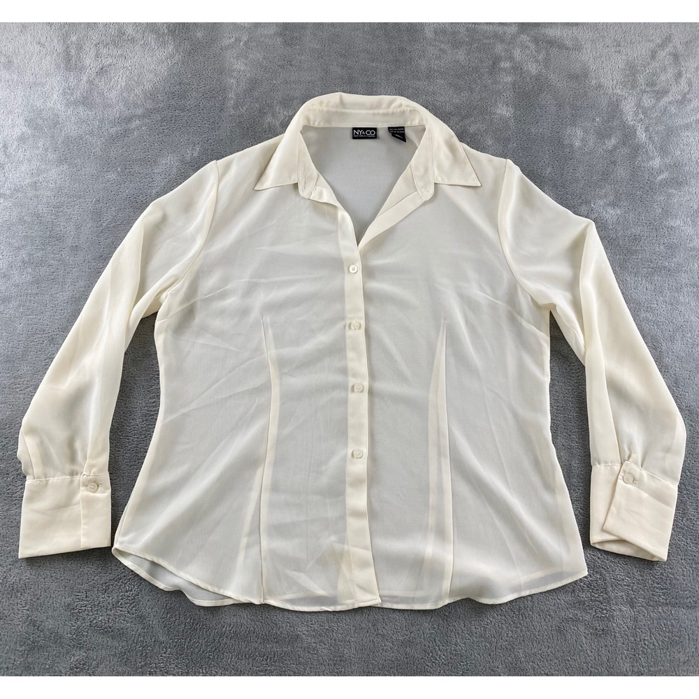 NY & Co Cream Sheer Button Down Blouse Womens XL Long Sleeve Professional Top